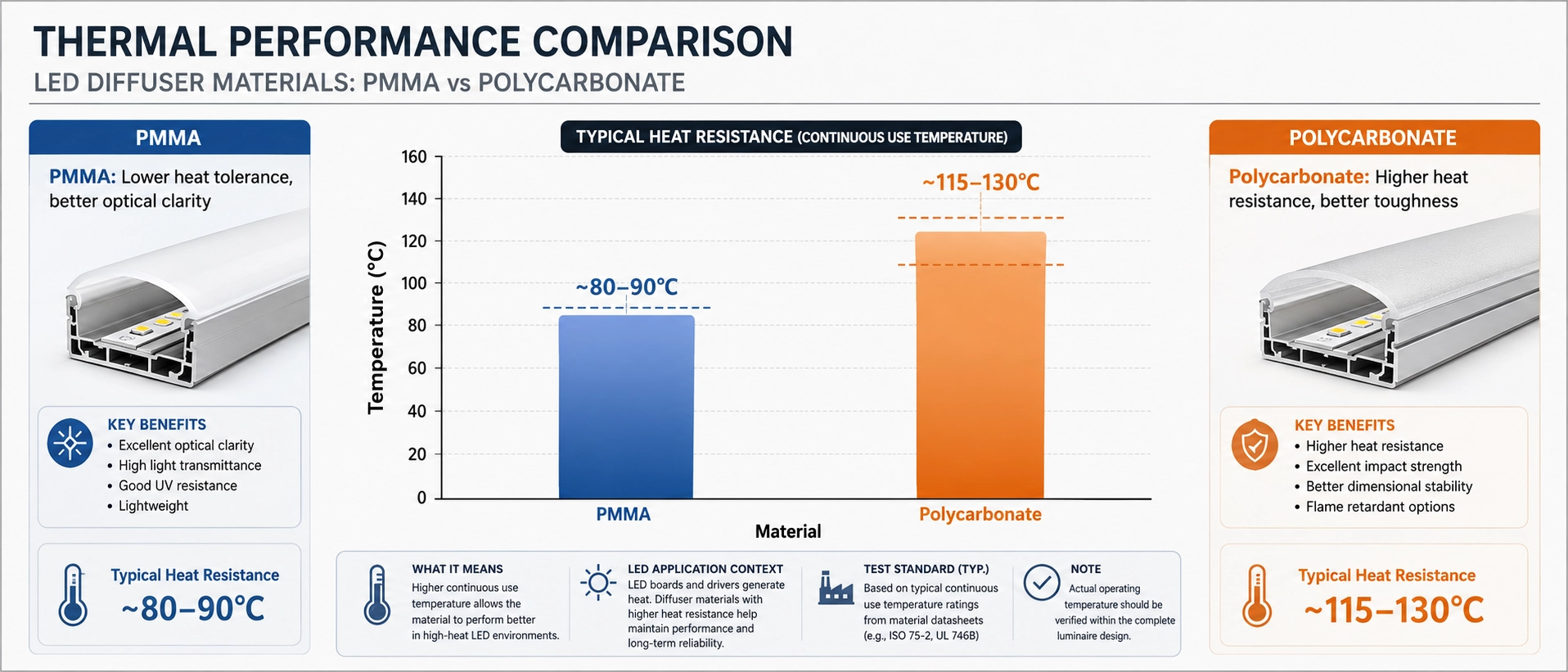 Thermal performance chart comparing PMMA and Polycarbonate diffuser heat resistance Thermal performance chart comparing PMMA and Polycarbonate diffuser heat resistance